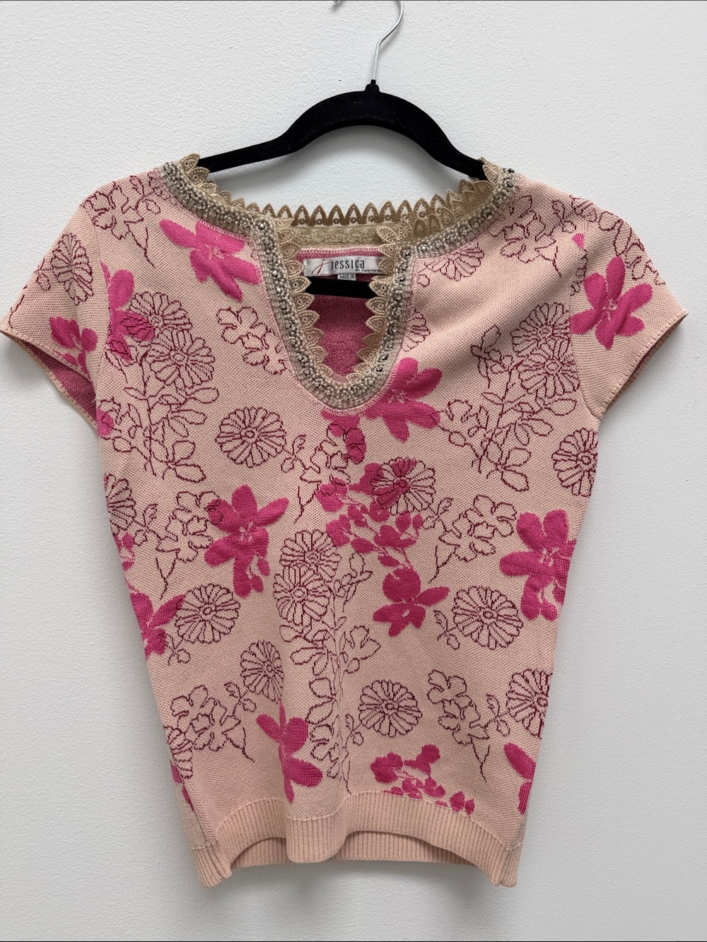 Jessica Pink Floral Knit Top with Gold Trim